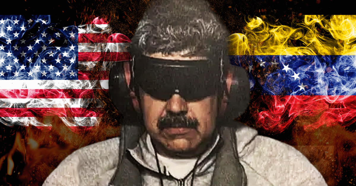 A cinematic digital composition representing the capture of Nicolás Maduro. In the center, a silhouetted figure in tactical gear, wearing a blindfold and protective headphones, symbolizing Maduro as a high-value detainee. The background features the American flag on the left and the Venezuelan flag on the right, both rendered in stylized, swirling smoke effects with glowing orange fire and sparks throughout, capturing the intensity of Operation Absolute Resolve.